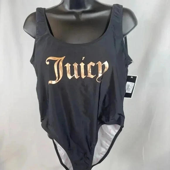 NEW Juicy Couture One Piece Swimsuit Foil Verbiage Logo Scoop Neck Black Women M - Picture 3 of 8